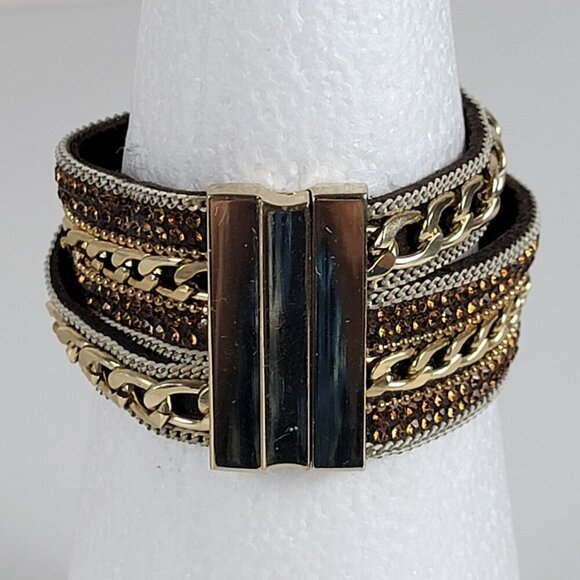 Gold-Tone Multi Chain Charm Leather Cuff Bracelet 7 In Magnetic Clasp - Picture 4 of 13